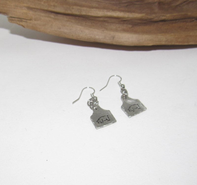 pig earrings, dangle drop earrings, farm animal jewelry, farm life jewelry , personalized earrings , stamped jewelry, bff cow lover gift, view 2