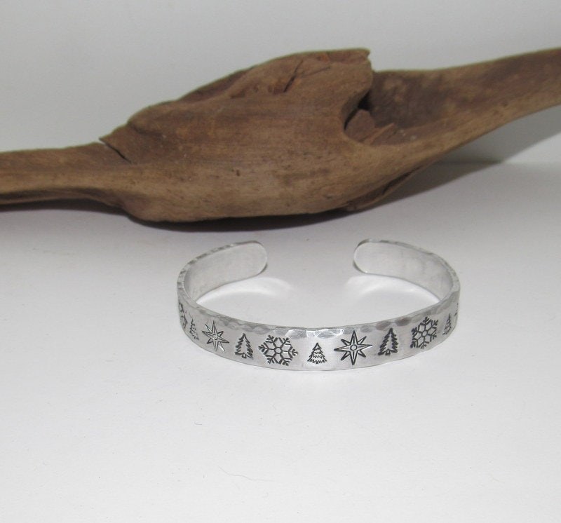Christmas snow flake ring and bracelet set, adjustable ring, tree adjustable cuff, stamped jewelry, stocking stuffer bracelet, view 3