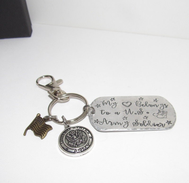 My hearts belongs to a soldier keychain, Military wife gift, Army wife gift, Marine wife gift, custom stamped keychain, view 2