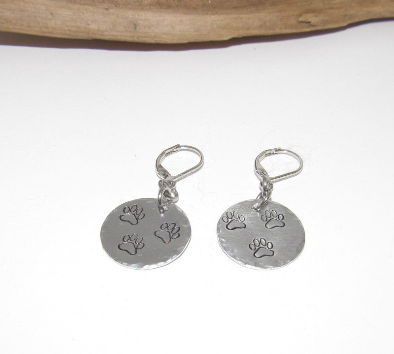 Custom personalized paw print earrings, dangle drop Dog mom earrings, pet lover gifts for her, puppy mom gifts, custom hand stamped jewelry, view 5