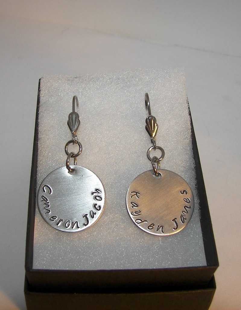 custom silver earrings for mom, personalized bridal earrings, hand stamped dangle drop earrings, handstamped jewelry, view 3
