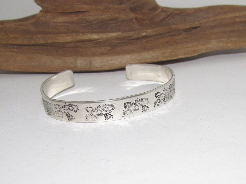 Sterling silver May Birth flower bracelet, stamped jewelry, personalized jewelry, brides maids gifts, nature flower jewelry, view 2