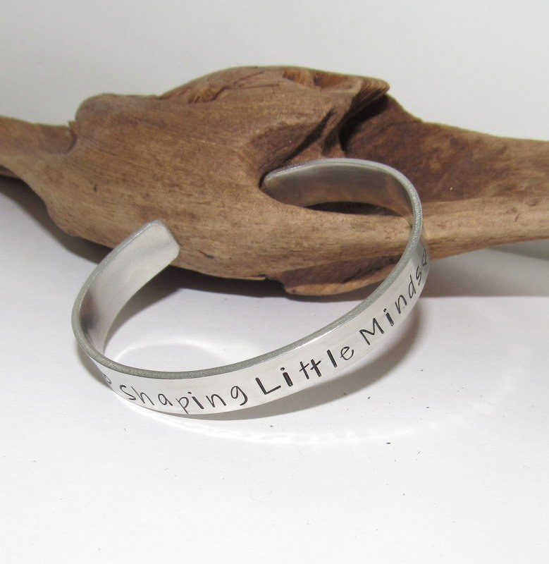 Shaping little minds cuff bracelet, teacher gift from child, personalized gift for teachers , hand stamped educators gifts, view 4