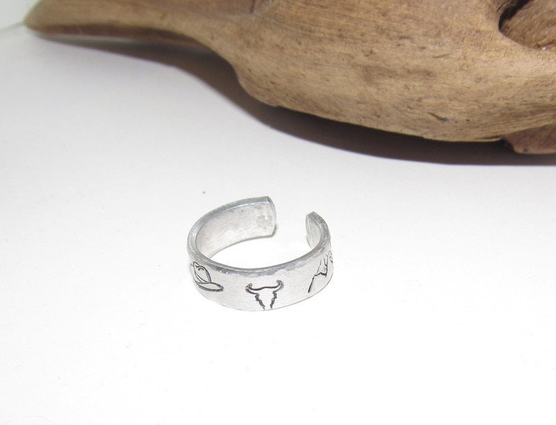 Western theme Personalized Adjustable stamped ring, inspiration rings, adjustable silver ring, stamped jewelry, boho mountain ring, view 2
