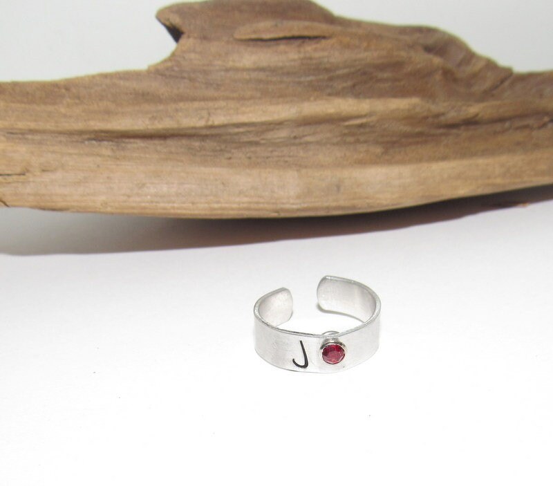 silver aluminum birth stone ring, adjustable birthstone ring, personalized birth month ring. Custom Stamped Name Ring