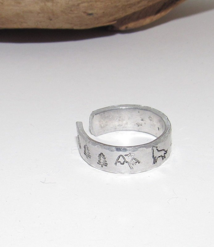 Wolf ring ,mountain ring, Personalized Adjustable stamped ring, turtle lover stamped jewelry, boho beachring, view 5