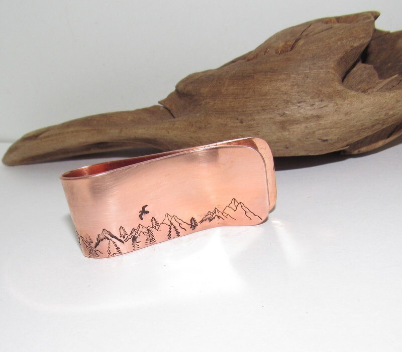 Hand Stamped Rustic gift for Dad, Copper Money Clip for Nature Adventure Travel lover, Gift for Husband Grandpa Best Man or Groomsman, view 6