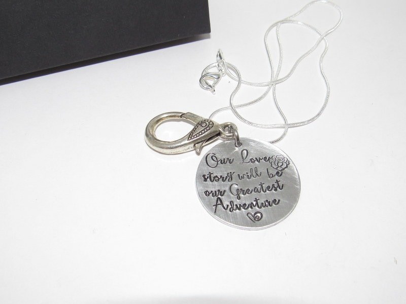 Our love story personalized Ring holder necklace , mother to be gift, hand stamped new mom or mommy to be necklace handstamped jewelry, view 7