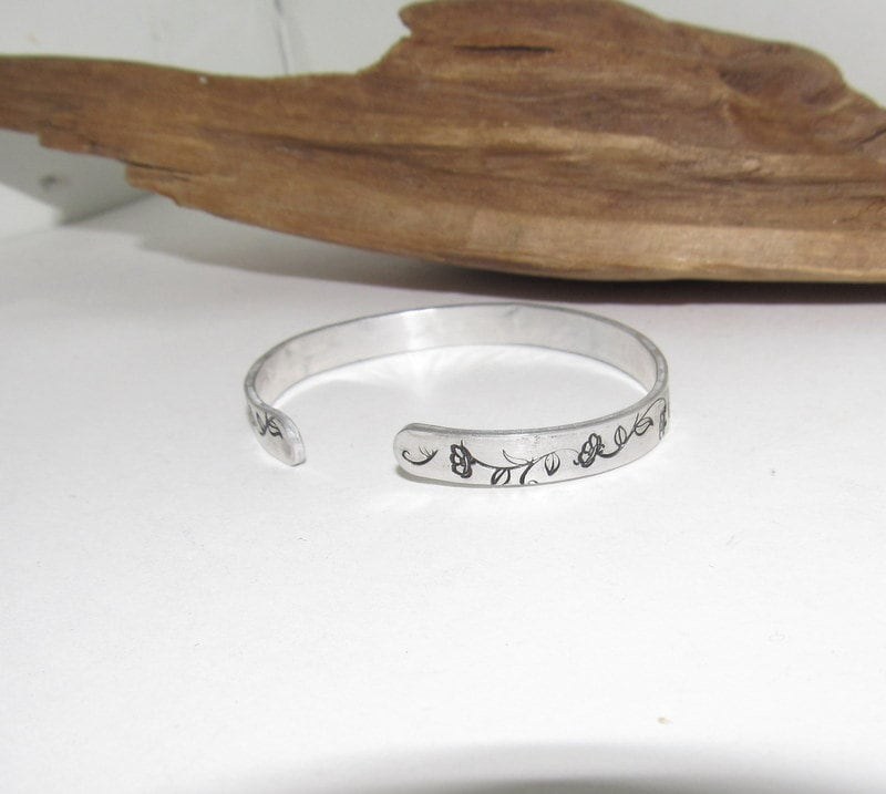 Augst skinny Birth flower bracelet, Mothers day gift, stamped personalized jewelry, brides maids gifts, nature flower jewelry, view 3