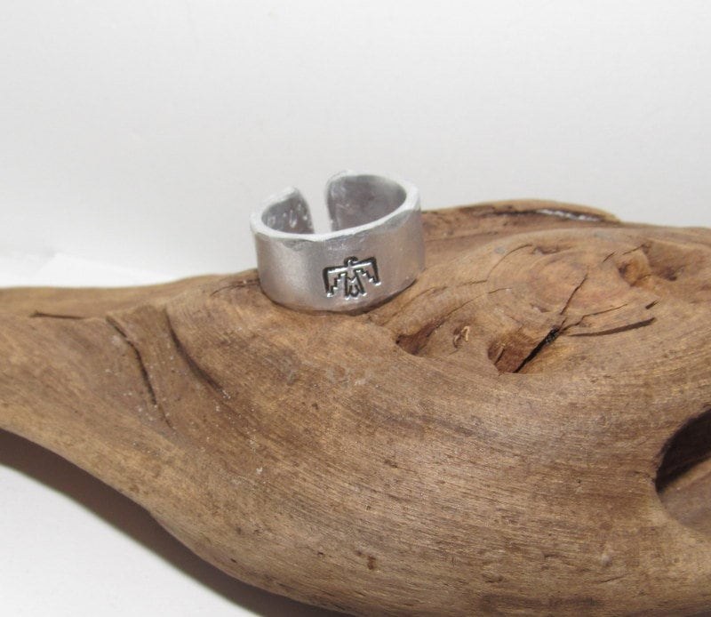 Thunderbird ring, Western Adjustable stamped ring set, adjustable ring for women , adjustable silver ring, stamped jewelry, boho ring, view 7