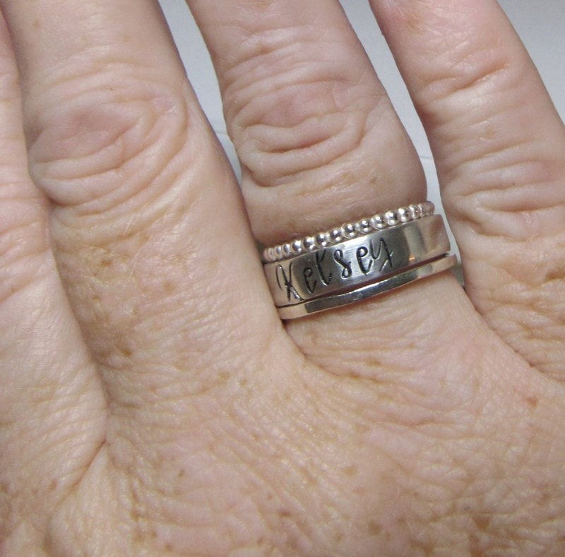 skinny stacking name ring, custom personalized kids name jewelry, hand stamped jewelry for mom, Anniversary gift for mom