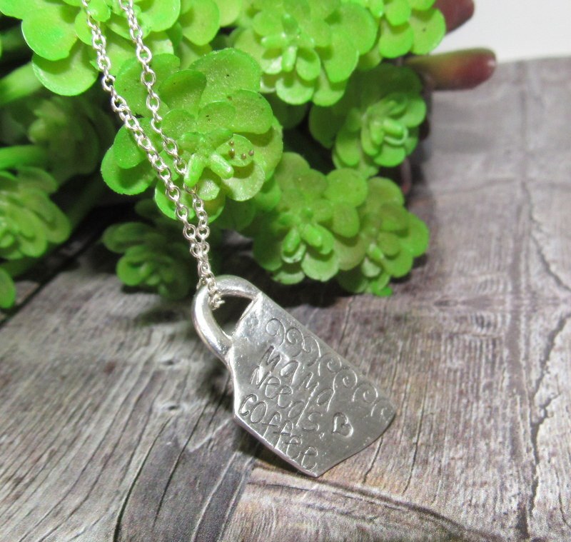 Mama needs coffee hand stamped pewter necklace, personalized coffee lover gift, custom stamped gift for mom, morning coffee gift, view 8
