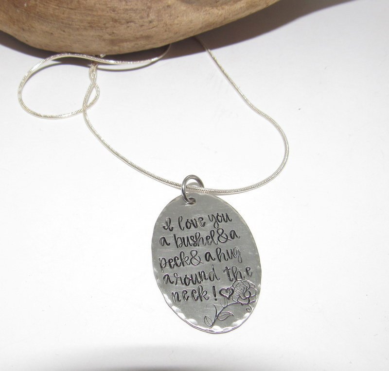 Pewter I love you a bushel and a peck & a hug around the neck necklace, personalized jewelry for mom, Mothers custom hand stamped jewelry, view 4