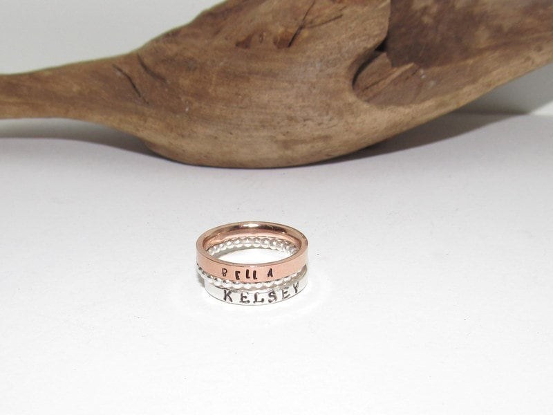 skinny stacking name ring, custom personalized kids name jewelry, hand stamped jewelry for mom, Anniversary gift for mom