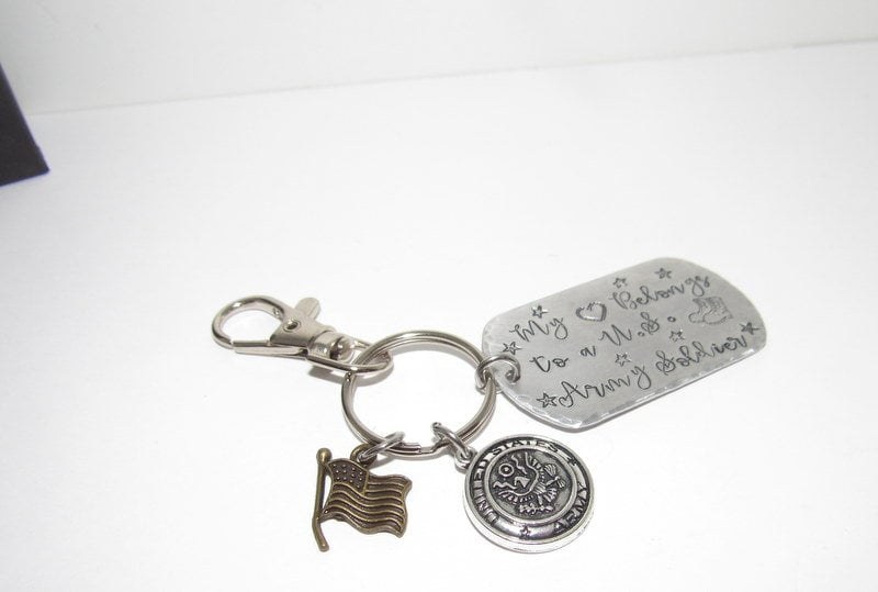 My hearts belongs to a soldier keychain, Military wife gift, Army wife gift, Marine wife gift, custom stamped keychain, view 4