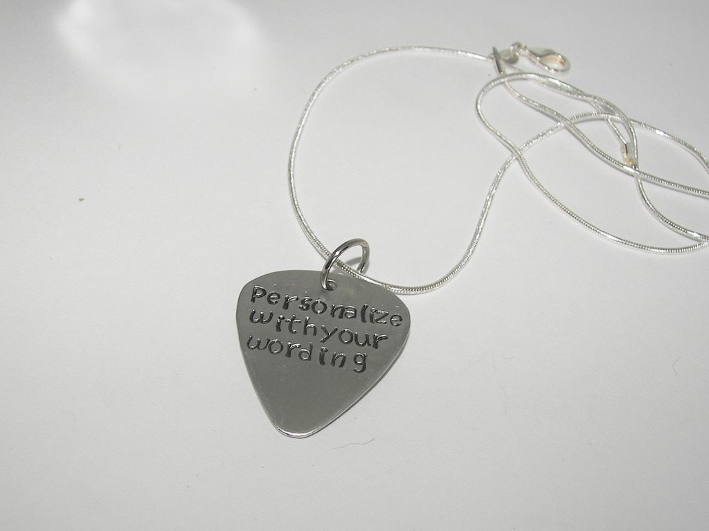 personalized guitar pick necklace , custom hand stamped jewelry , musician gift , pick your wording necklace, handstamped jewelry, view 4