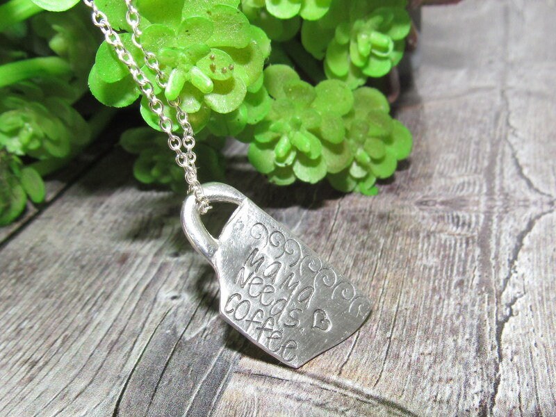 Mama needs coffee hand stamped pewter necklace, personalized coffee lover gift, custom stamped gift for mom, morning coffee gift, view 7