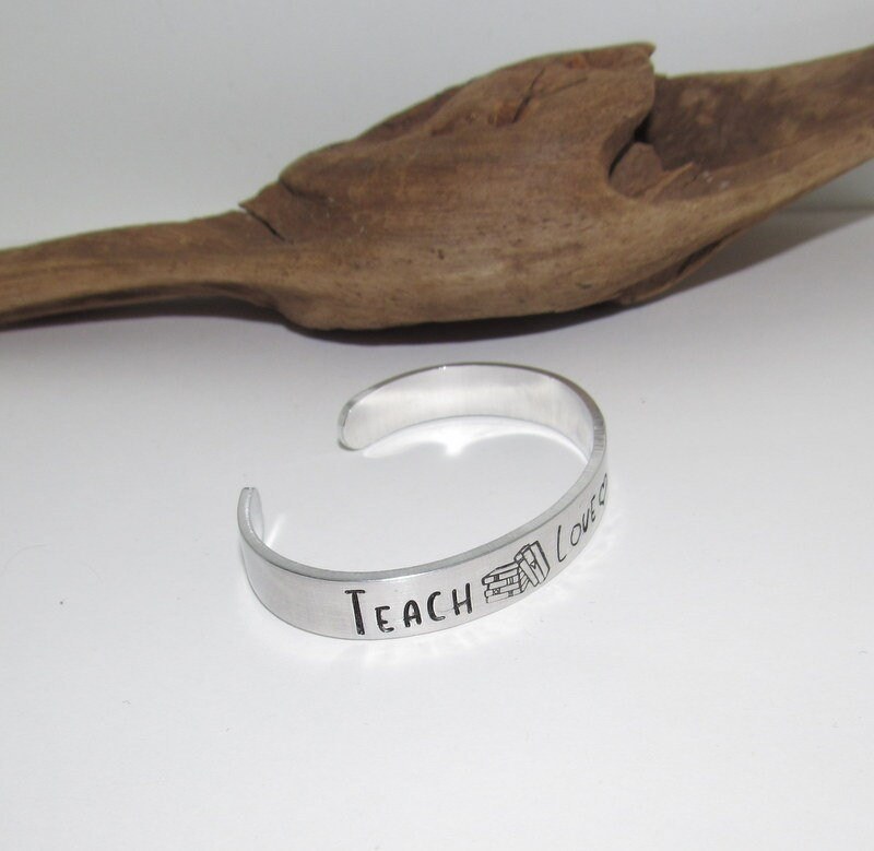 Teachers cuff bracelet , teach love and inspire bracelet, gift for teacher, hand stamped jewelry, personalized bracelet, view 2