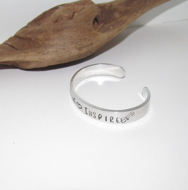 Teachers cuff bracelet , teach love and inspire bracelet, gift for teacher, hand stamped jewelry, personalized bracelet, view 3