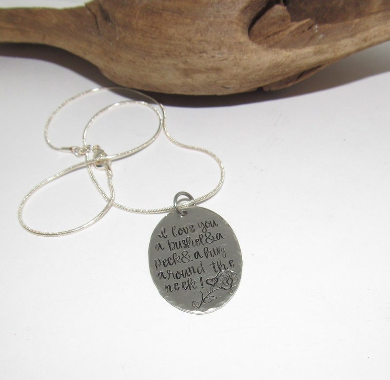 Pewter I love you a bushel and a peck & a hug around the neck necklace, personalized jewelry for mom, Mothers custom hand stamped jewelry, view 6