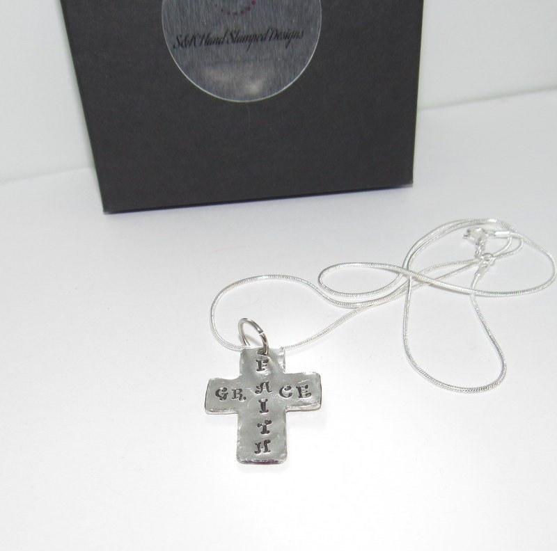 personalized Faith cross necklace, personalized cross jewelry, custom stamped Faith gift for mom, best friend encouragement gift, view 3