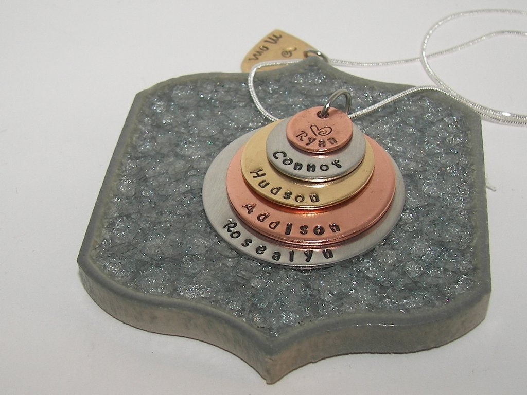 5 layer mom necklace with kids names, personalized mom necklace, custom hand stamped jewelry , Mothers day gift for mom or Grandma, view 2