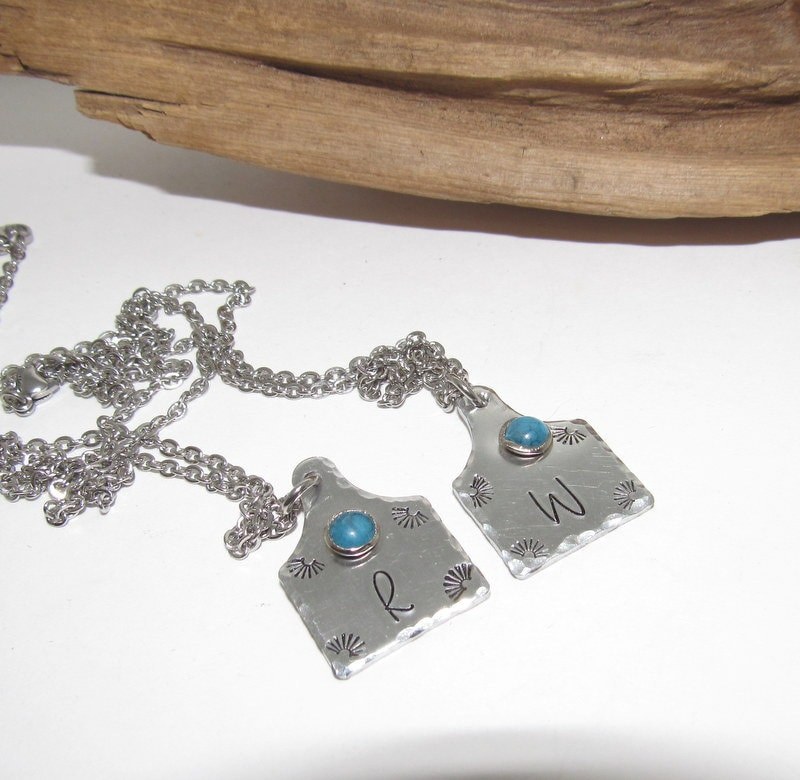 Personalized Initial Cow tag necklace with faux turquoise for her, horse lover gift, western jewelry for her, pendant necklace, view 3