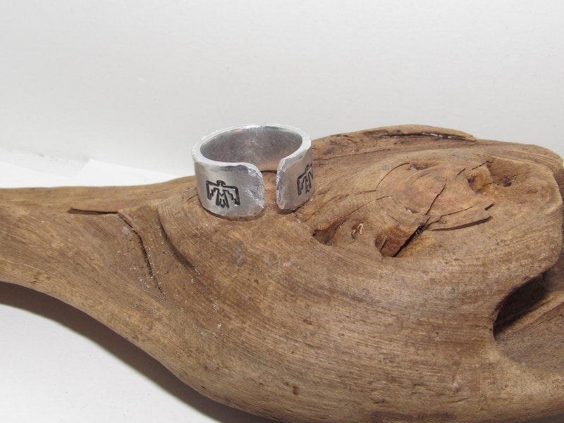 Thunderbird ring, Western Adjustable stamped ring set, adjustable ring for women , adjustable silver ring, stamped jewelry, boho ring, view 6