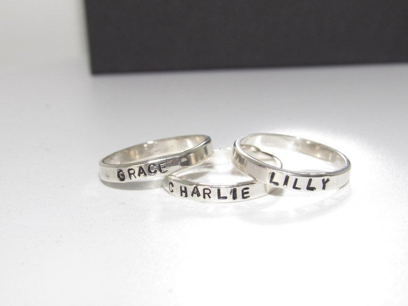 Sterling silver skinny stacking name ring, custom personalize kids name jewelry, hand stamped jewelry for her, Anniversary gift for mom