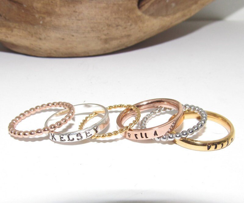 kids name stacking rings, silver stacking rings , Mother's stacking name rings, hand stamped personalized jewelry, handstamped jewelry, view 6