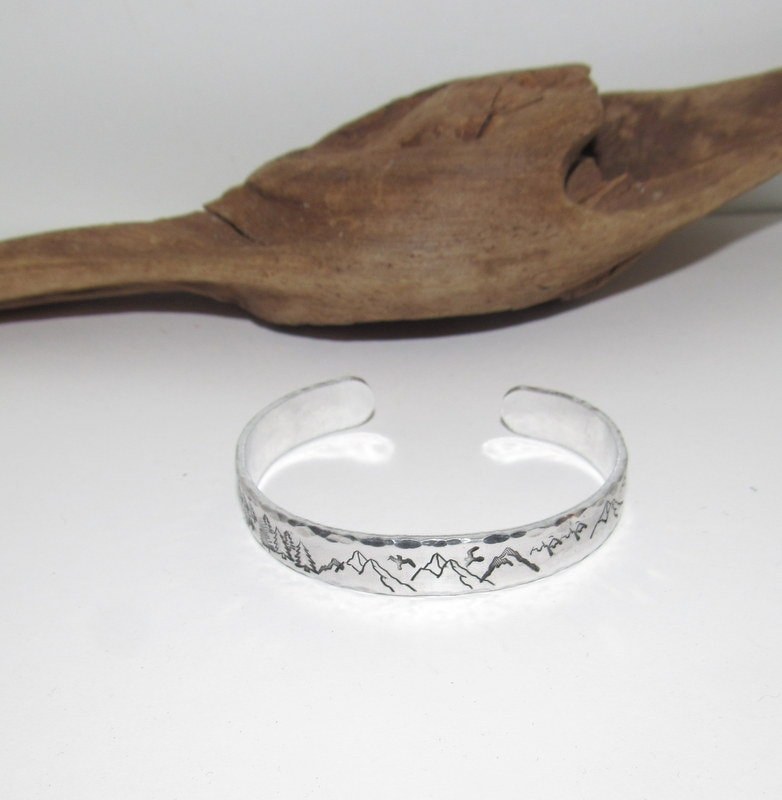 Mountain and tree theme stamped cuff bracelet, mountain lover gift, adjustable silver cuff, stamped jewelry