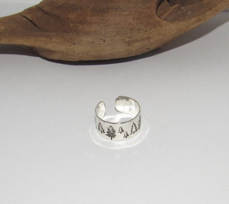 Sterling silver Trees thumb Ring, stamped tree ring, Personalized Hand Stamped Ring, Forest Hand Stamped Ring