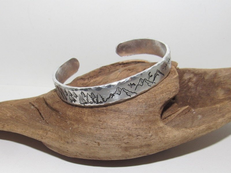 Mountain and tree theme stamped cuff bracelet, mountain lover gift, adjustable silver cuff, stamped jewelry, view 6