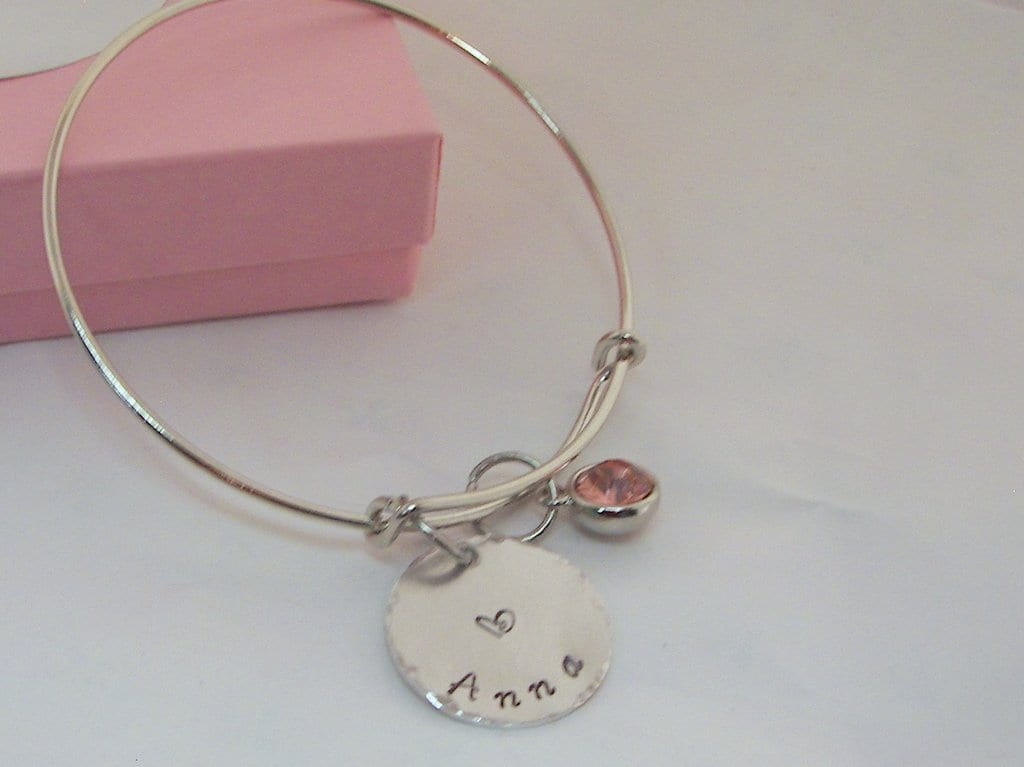 adjustable bangle charm bracelet with kids names and birthstones, personalized hand stamped jewelry bangle, custom handstamped jewelry