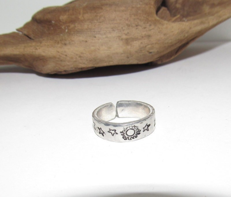 Moon and stars Personalized Adjustable stamped ring, inspiration rings, adjustable silver ring, stamped jewelry, boho moon ring