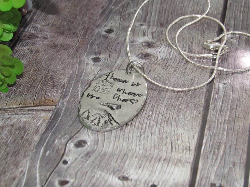Pewter Home is where the heart is necklace, personalized jewelry for mom , Mothers custom hand stamped jewelry, handstamped jewelry, view 4