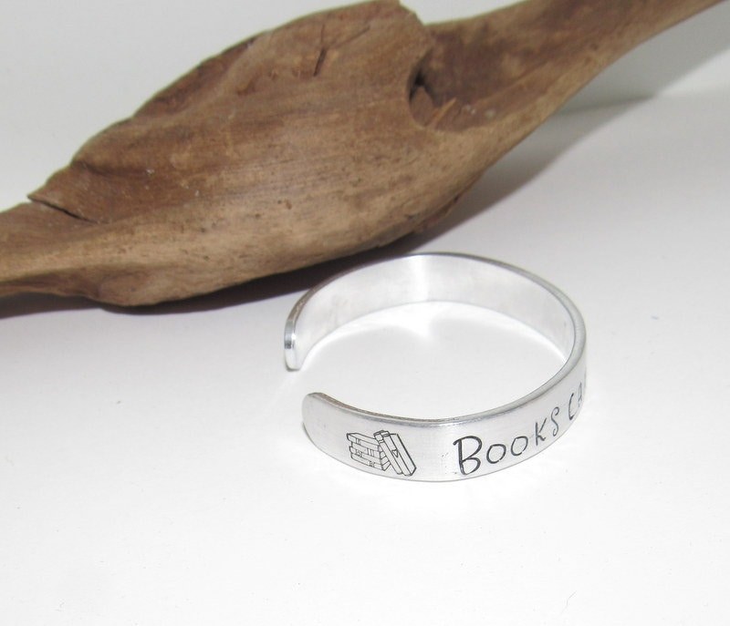 Pewter Books can take us over the rainbow, Personalized Adjustable stamped cuff bracelet, pewter cuff, stamped jewelry,, view 4