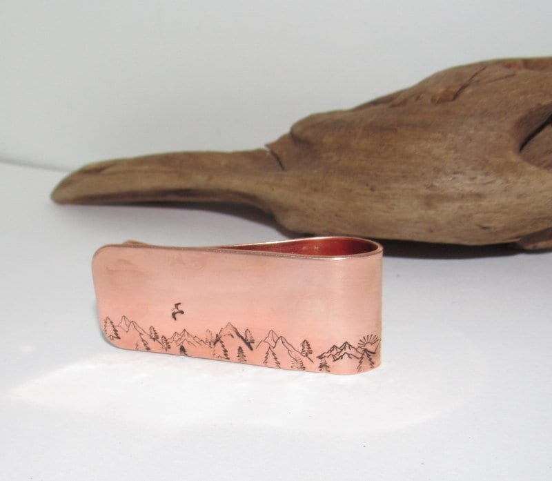 Hand Stamped Rustic gift for Dad, Copper Money Clip for Nature Adventure Travel lover, Gift for Husband Grandpa Best Man or Groomsman, view 3