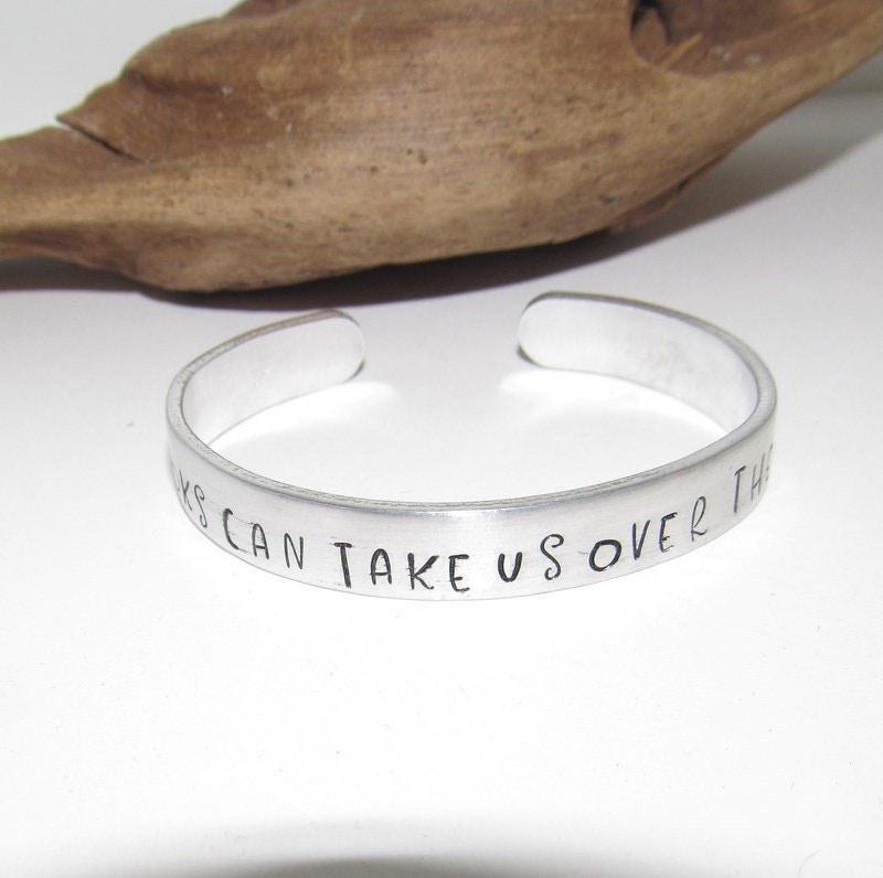 Pewter Books can take us over the rainbow, Personalized Adjustable stamped cuff bracelet, pewter cuff, stamped jewelry,