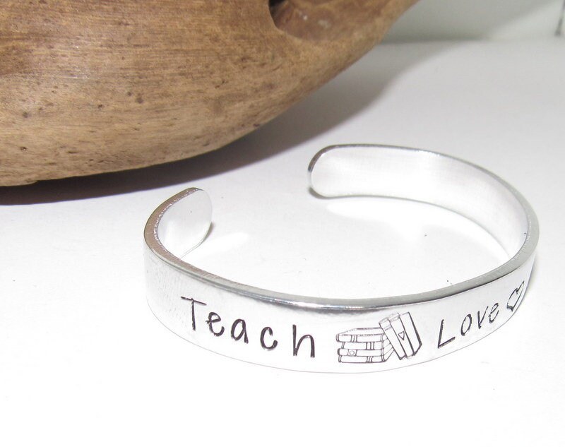 Teachers cuff bracelet , teach love and inspire bracelet, gift for teacher, hand stamped jewelry, personalized bracelet, view 2