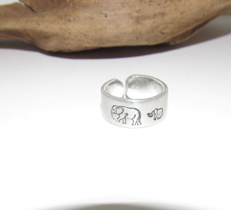 Momma elephants Adjustable stamped ring, baby elephants love aluminum ring, inspiration rings, adjustable silver ring, stamped jewelry,, view 3