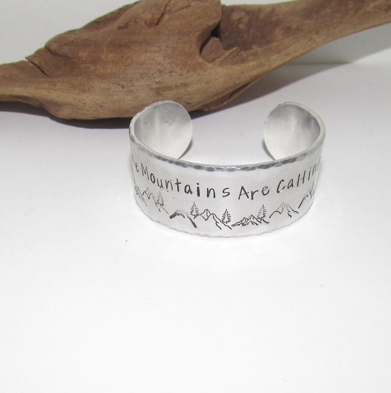 The mountains are calling cuff, Mountain theme Wide silver bracelet, adjustable personalized cuff, stamped silver cuff bracelet,