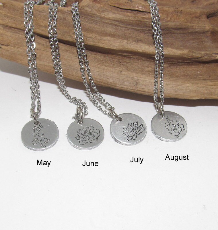 Sterling Birth flower necklace, Kids birth month flower gift, personalized hand stamped jewelry, Mothers day gift for mom , flower jewelry, view 3