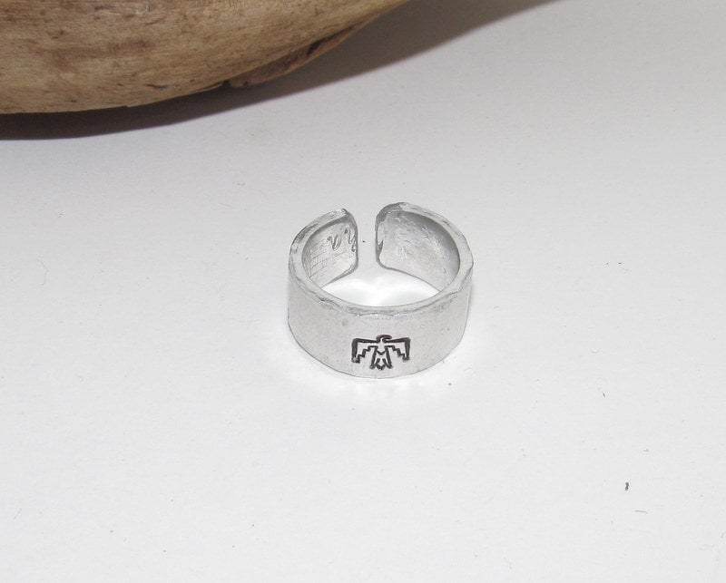 Thunderbird ring, Western Adjustable stamped ring set, adjustable ring for women , adjustable silver ring, stamped jewelry, boho ring, view 4