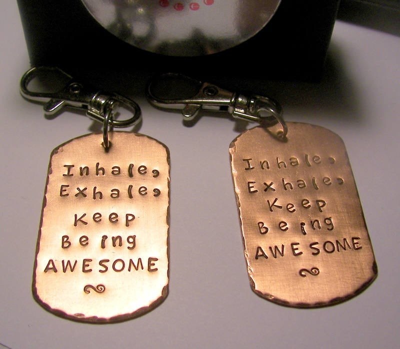 Ready to ship, inhale exhale keep being awesome , key ring, handstamped jewelry, gift for dad, gift for him, gifts for her,, view 4