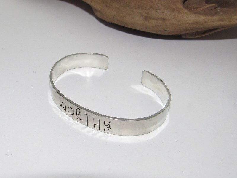 Worthy affirmation cuff bracelet, pewter jewelry, bridesmaid gifts, best friend gift, personalized bracelet for her, handstamped jewelry, view 3