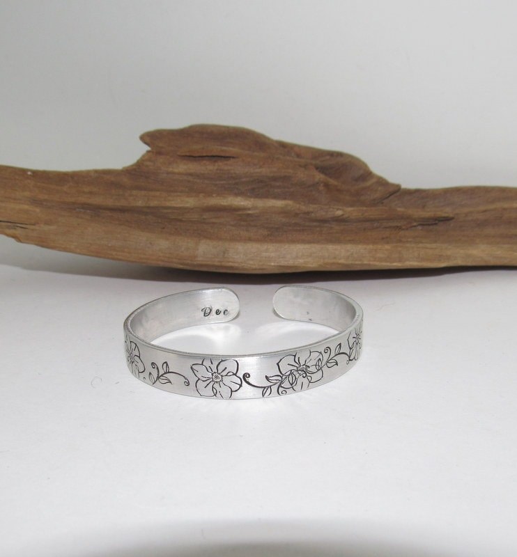 Sterling silver December Birth flower bracelet, stamped jewelry, personalized jewelry, brides maids gifts, nature flower jewelry, view 2