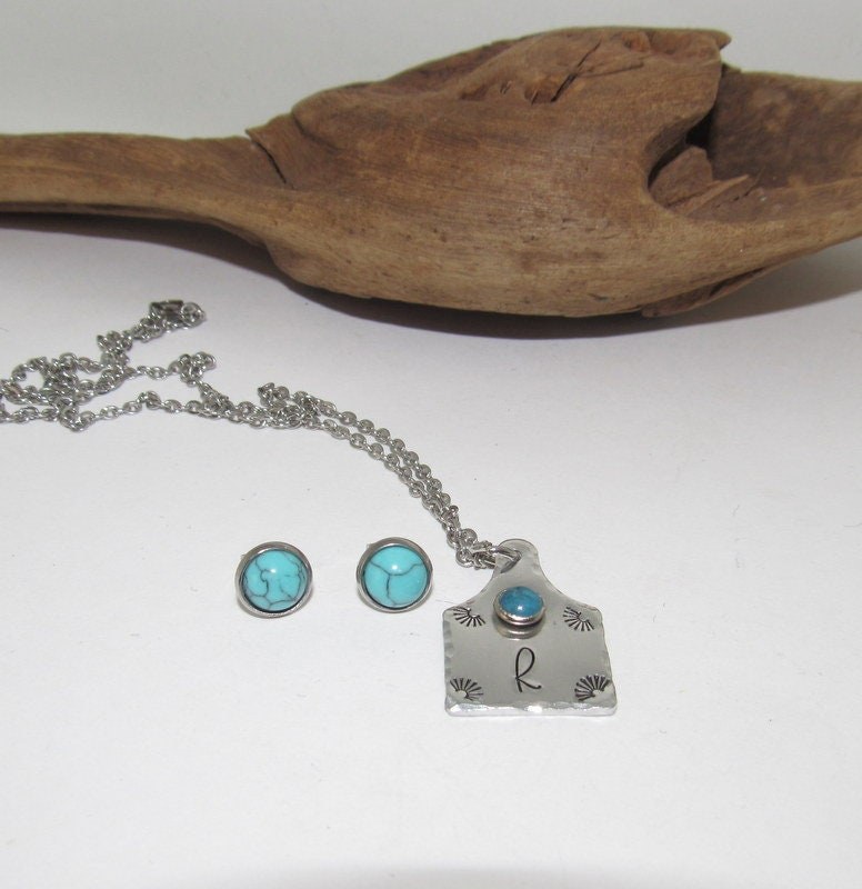 Initial necklace and earring set , personalized necklace pendant, Boho western theme necklace, western jewelry for her, pendant necklace, view 3