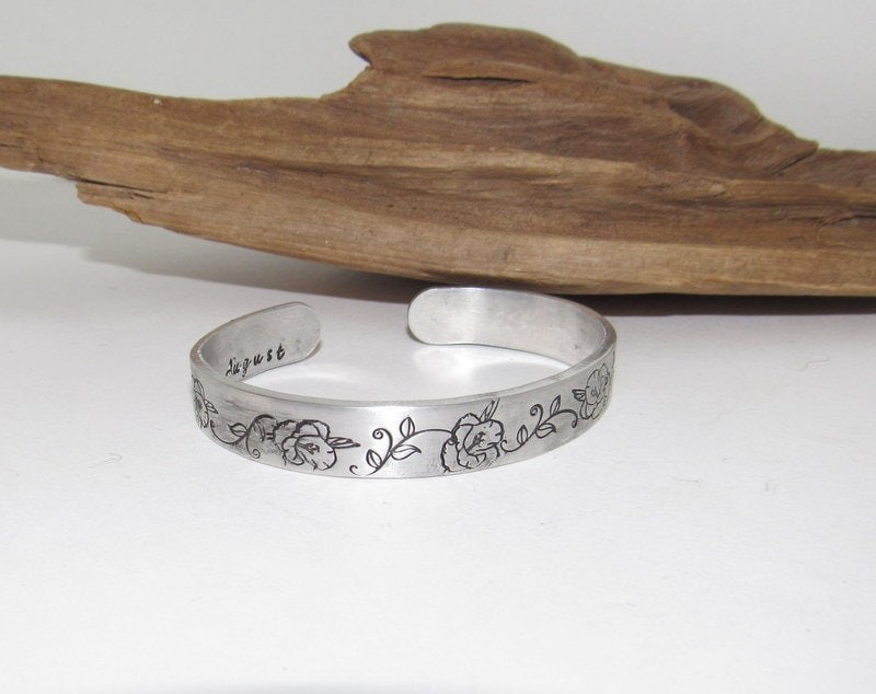 Sterling silver August Birth flower bracelet, stamped jewelry, personalized jewelry, brides maids gifts, nature flower jewelry