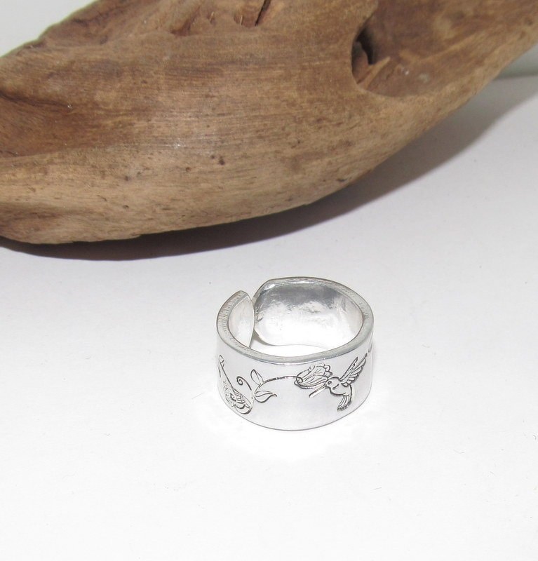 Sterling silver Humming bird Adjustable stamped ring, bird lover silver ring, inspiration rings adjustable ring, stamped jewelry,, view 4